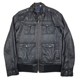 H&M Divided Leather Moto Jacket Mens Large Black Biker Bomber Utility Y2K VTG